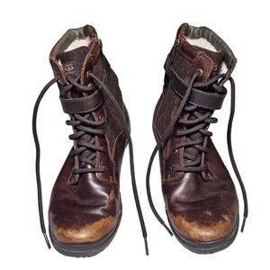 UGG Waterproof Brown Leather Wool Lined Boots Men's 9.5 Zip Lace Up Combat Style